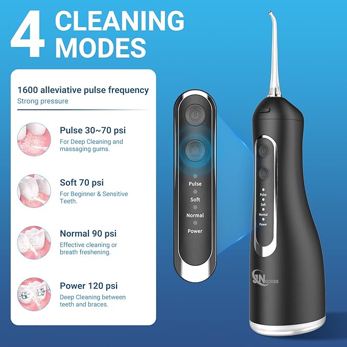 JNGOODS Cordless Water Dental Flosser Oral irrigator,JNGOODS 300ml Rechargeable Water flosser for Teeth IPX7 Waterproof 4 Modes Portable Oral Irrigator with 4 Jet Tips, Travel Home use