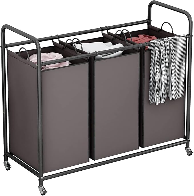 LINZINAR 3-Bag Laundry Sorter,Laundry Hamper Cart with Heavy Duty Rolling Lockable Wheels and Removable Bags (Brown)