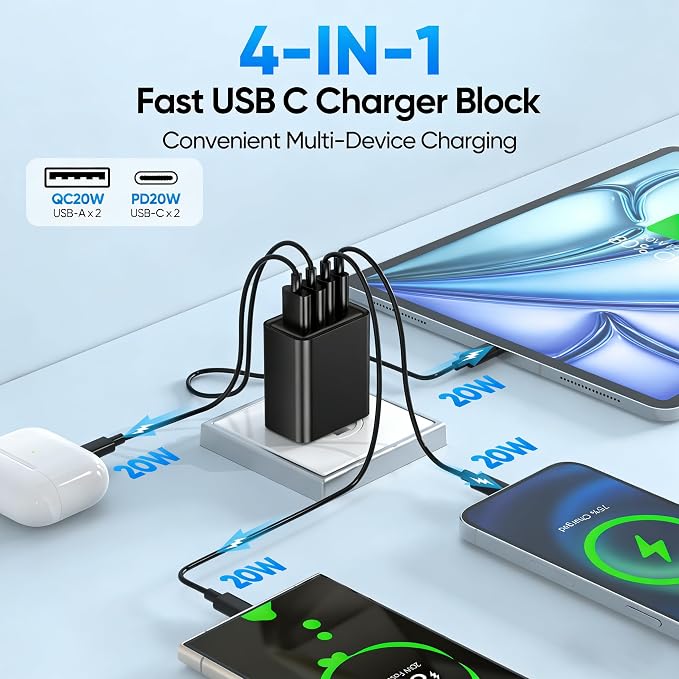 2 Pack USB C Charger Block 60W 4-Port GaN5 Super Fast Phone Charger Type C Charging Block PD 20W &amp QC 20W with 6.6FT USB C Cables for iPhone 17 Air/17/16/15 Pro Max Samsung Galaxy S24