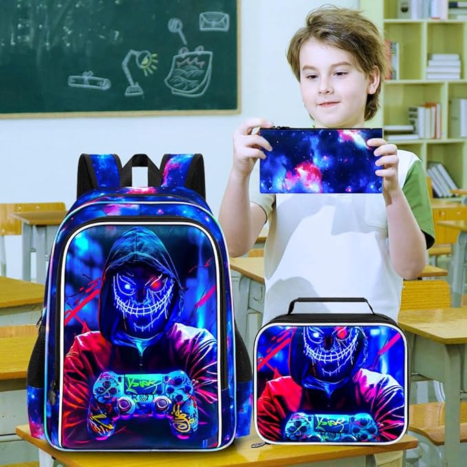 KLFVB 3PCS Backpack for Boys, 17" Kids Gaming Bookbag and Lunch Box, Water Resistant School Backpack for Teenagers Middle Elementary - Demon Game