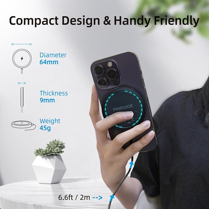 Wireless Charger 6.5ft / 2m 15W Max Fast Magnetic Wireless Charging Pad Compatible with iPhone 16/15/14/13/12 with USB-A Converter Black