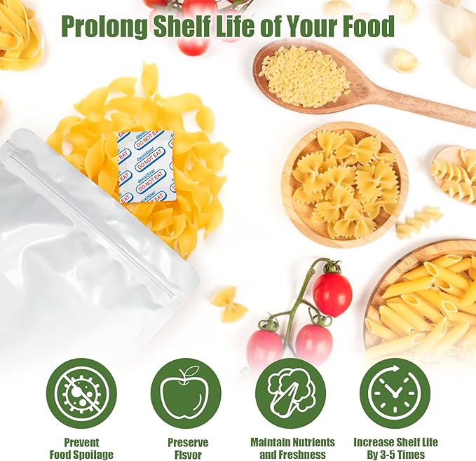 100 Packs 100CC Food Grade Oxygen Absorbers (10 Pack in Individual Vacuum Bag ) , Oxygen Absorbers For Long Term Food Storage with Oxygen Indicator , Works in Mylar Bags, Mason Jars, and Vacuum Bags