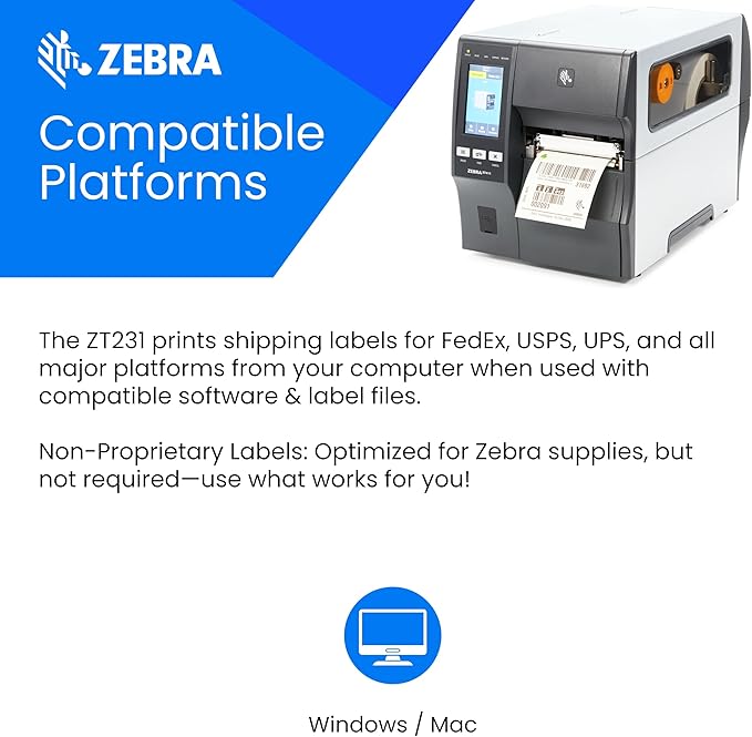 Zebra ZT231 Thermal Industrial Printer 4"| 203 DPI | No Ink Required | USB, Serial, Ethernet | Touch Color LCD | 1 Year Warranty | Thermal Transfer