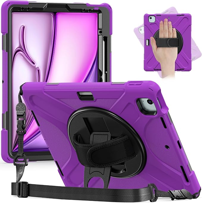 Batianda VortiGrip Case for iPad Air 11 M2/M3/M4 2024-2026 Colorful Blue | Heavy Duty Triple-Layer Rugged Case with 360° Rotating Hand Strap Foldable Hidden Stand Shoulder Strap and Pencil Holder