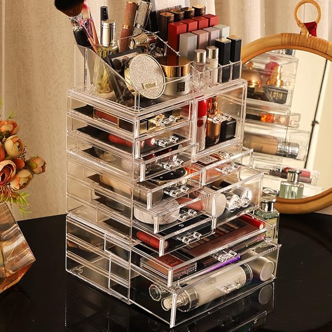Cq acrylic Clear Makeup Storage Organizer Drawers Skin Care Large Cosmetic Display Cases Stackable Storage Box With 11 Drawers For Dresser 1 Pack