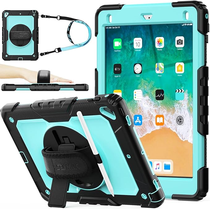 SEYMAC stock Case for iPad 6th / 5th Generation Case/Air 2 / Pro 9.7 inch, Heavy Duty Protective with Screen Protector, with Pencil Holder, Hand Strap, Shoulder Strap, 360 Rotate Stand, SkyBlue+Black