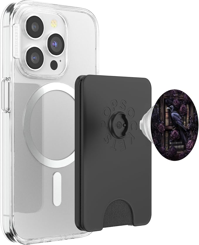 Dark Gothic Bookshelf with Raven and Moody Purple Roses PopSockets Adhesive PopGrip