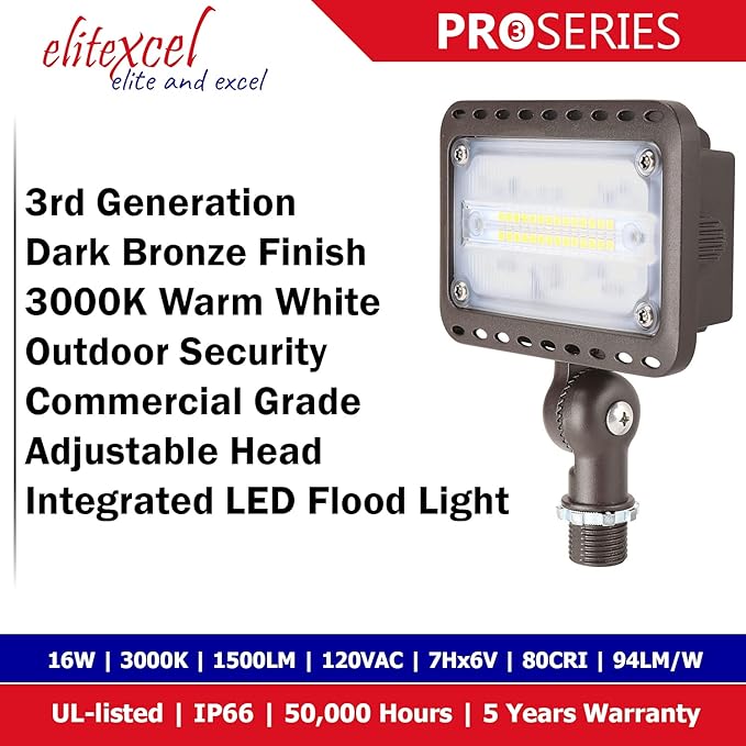 Outdoor LED Landscape Lights - 16W UL Listed, 1500 Lumen Waterproof Walkway Security Lights, 3000K Warm White, 1/2" Knuckle Mount, 120V and 5 Year Warranty