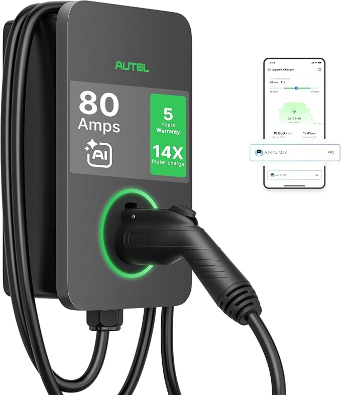 Autel MaxiCharger Electric Vehicle (EV) Charger Level 2, up to 80 Amp, Integrated Cloud with AI, Indoor/Outdoor, Wi-Fi/Wi-Sun Enabled, Dark Gray