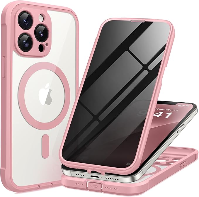 BERFY Magnetic for iPhone 13 Pro Max Case, Compatible with MagSafe, Built-in Privacy Screen Protector and Upgraded Camera Protection, Anti-Spy Full Body Shockproof Phone Case for 13 Pro Max 6.7", Pink