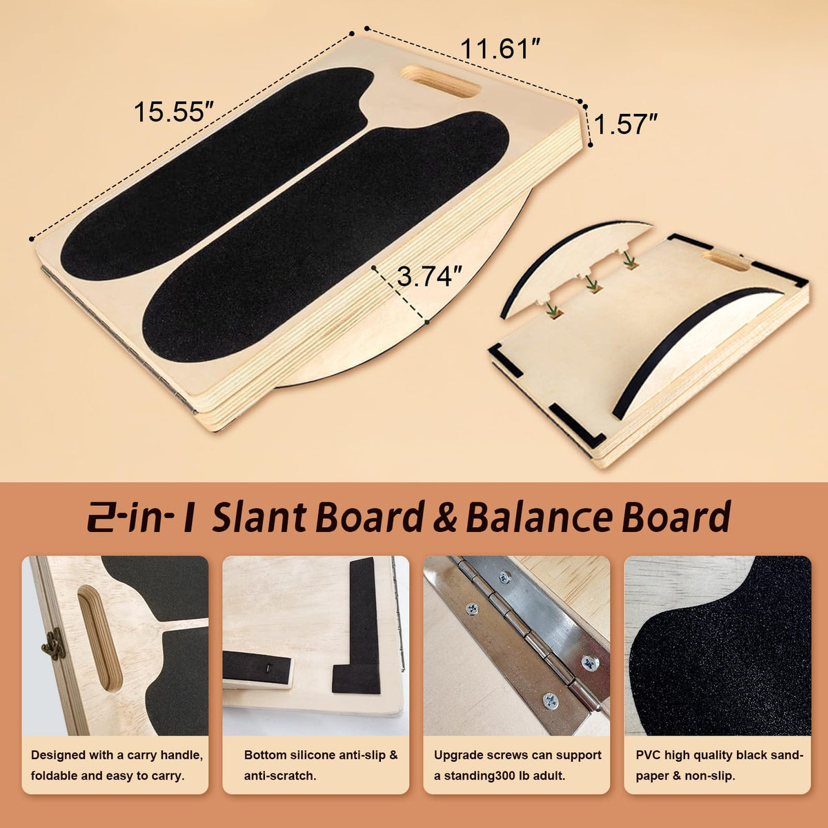 ZALL Slant Board Balance Board 2-in-1 Wooden Adjustable Calf Stretcher