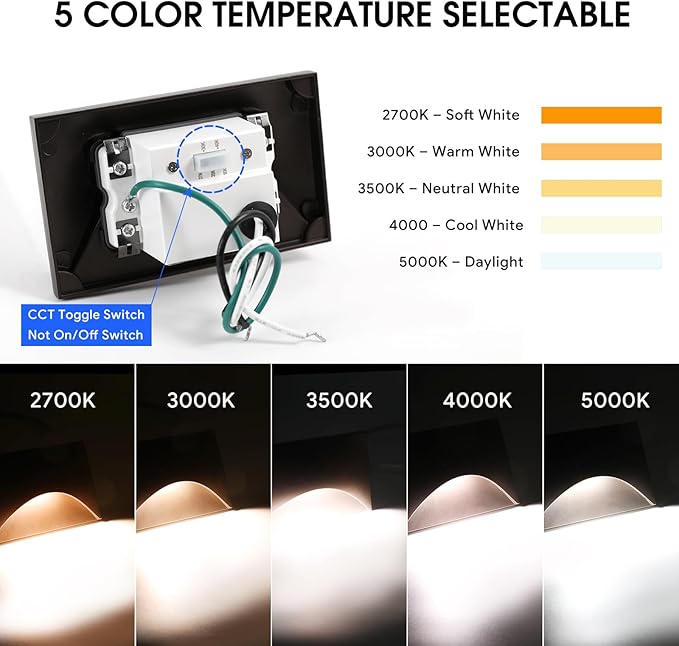 Energetic 5CCT 120V LED Indoor Outdoor Step Lights, 2700K/3000K/3500K/4000K/5000K Stair Lighting, 3W Dimmable LED Lights for Step Stair, CRI90, ETL Listed, IP65 Waterproof, Aluminum, Bronze, Pack of 6