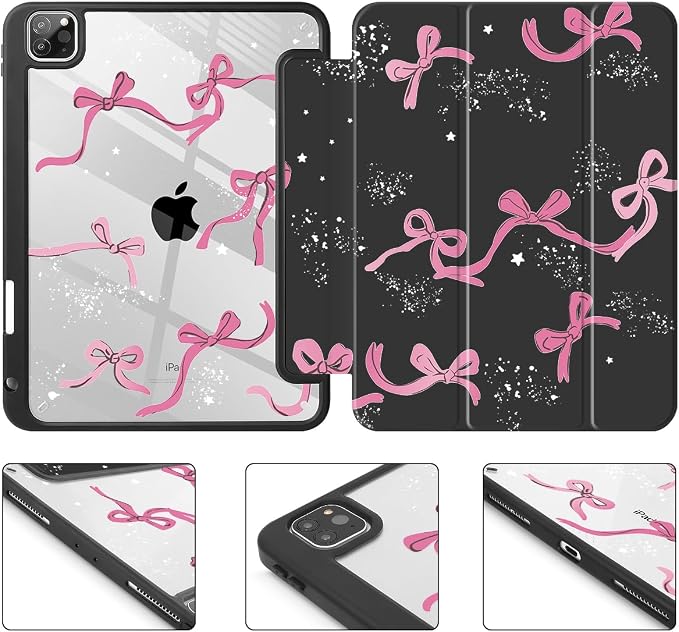 Tuiklol for iPad Pro 11 Inch 4th / 3rd / 2nd / 1st Gen (2022 2021 2020 2018) Case -Built-in Pencil Holder Shockproof Cover Clear Transparent Back Shell with Auto Wake/Sleep Black Flower