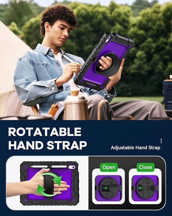 Cantis Case for iPad 11-inch (A16) 2025/ iPad 10th Generation 2022 (10.9 inch) with Screen Protector, iPad 11th Case with 360 Degree Rotating Stand/Shoulder Strap/Pencil Holder, Black+Dark Purple