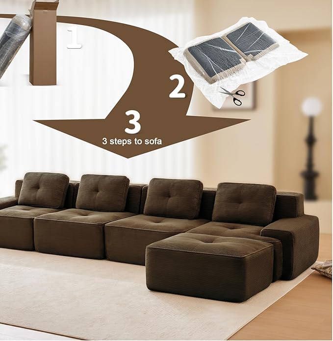150" Modern Corduroy Cloud Sofa with Ottoman, L Shaped Boneless Modular Large Sectional Couches for Living Room, Brown 4 Seater Compressed Memory Foam Couch, Extra Deep Seat, No Assembly
