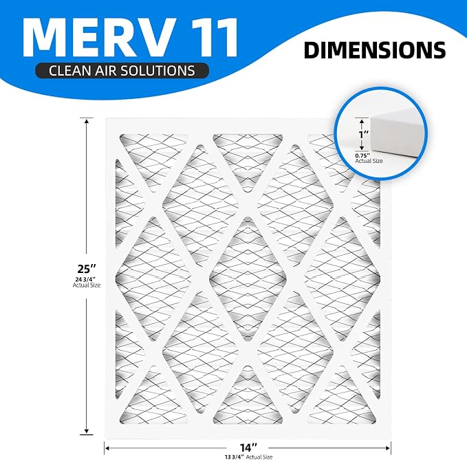 14x25x1 Air Filter, MPR 1200 & FPR 7, MERV 11 Pleated Air Filter