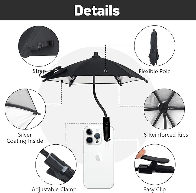 Mini Clip-on Phone Umbrella for Sun Flexible Adjustable Handle Cell Phone Umbrellas Sun Shade Protects from Sunlight and Glare Universal Fit for All Smartphones Black