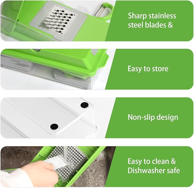 Veggie Chopper with Container, 7 in 1 Manual Food Chopper Cutter, Green