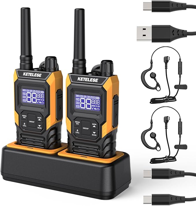 KETELESE T4 Walkie Talkie IP67 Waterproof, Type-C Rechargable Two Way Radio, Dual PTT, NOAA Weather, VOX, Group, Scan, FRS Radios 2 Watts, for Adults, 2Pack, Orange