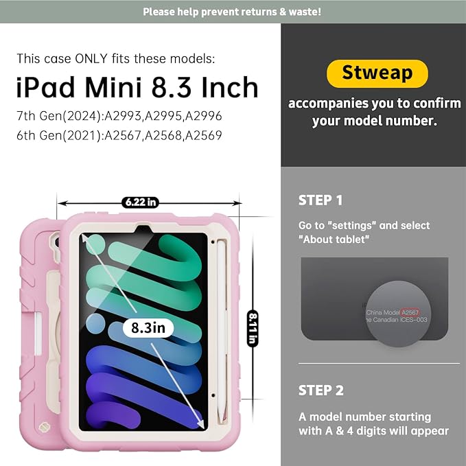 for iPad mini 7 A17 Pro/iPad mini 6 8.3 Inch Case iPad mini 7th/6th Generation Case (2024/2021) with Pencil Holder/Kickstand Hand Strap/Shoulder Strap Black