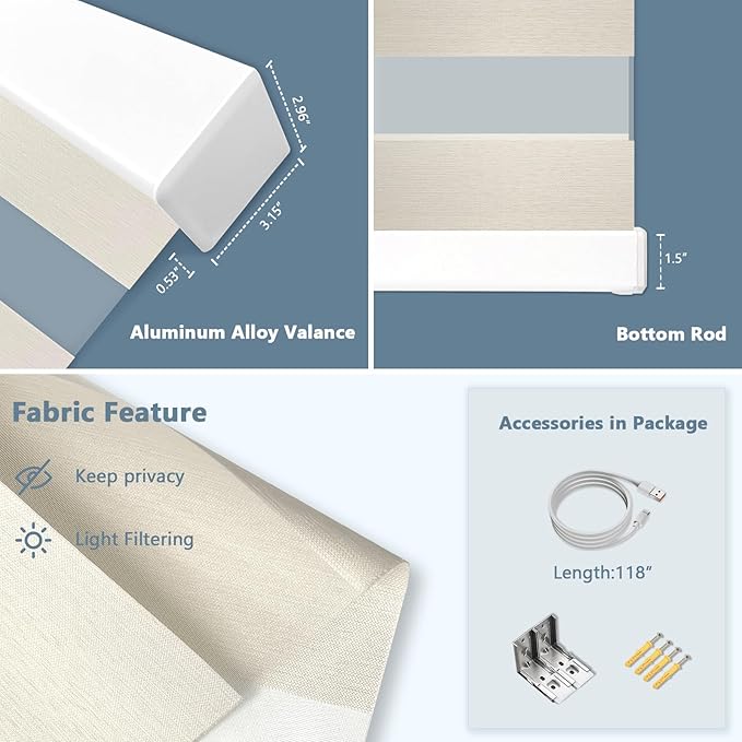 COOLWINDS Motorized Zebra Blinds for Windows Cordless Electric Curtains with Remote Control Blackout Shades Custom Smart Blinds Compatible with Alexa Google Home(Light Filtering Beige,Customize)