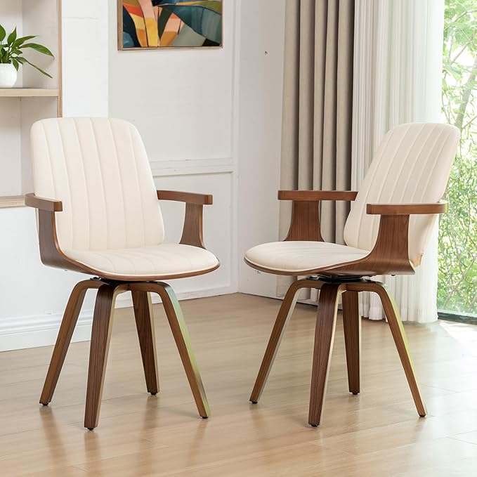 Swivel Dining Chairs Set of 2, Mid Century Modern Dining Chairs with Walnut Craftsmanship, Upholstered Faux Leather , Wooden Arms and Legs, Kitchen Chairs with Arms for Kitchen/Living Room - Beige
