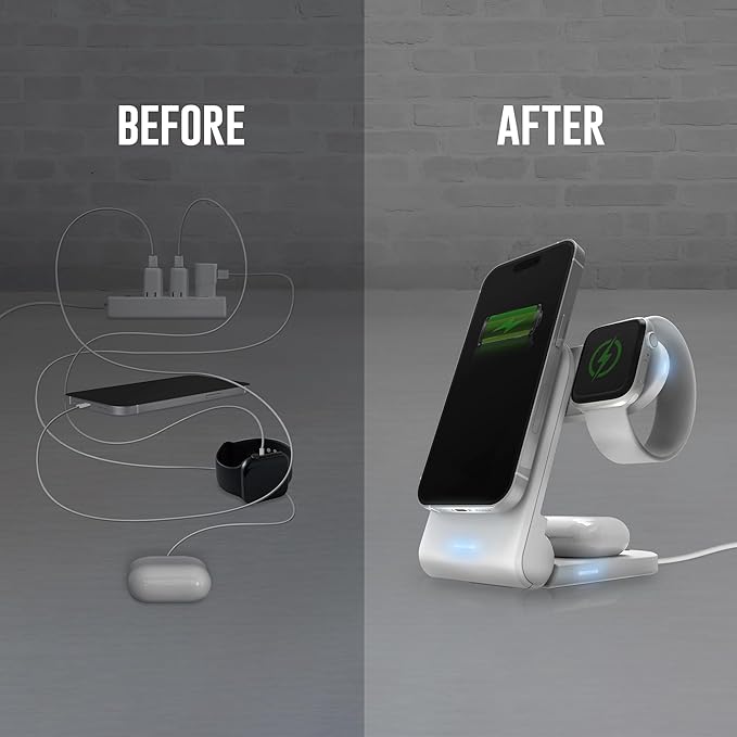 STM ChargeTree Mag: 3-in-1 MagSafe Wireless Charging Station for iPhone 16, 15, 14, 13, & 12 Series, Apple Watch, and AirPods - Foldable and Space-Saving Dock - White
