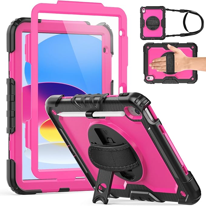 Weuiean Case for iPad A16 11th/10th Generation 11/10.9 Military-Grade Heavy-Duty Shockproof Cover with 360° Rotating Stand Built-in Pencil Holder &amp Adjustable Hand/Shoulder Strap - Black
