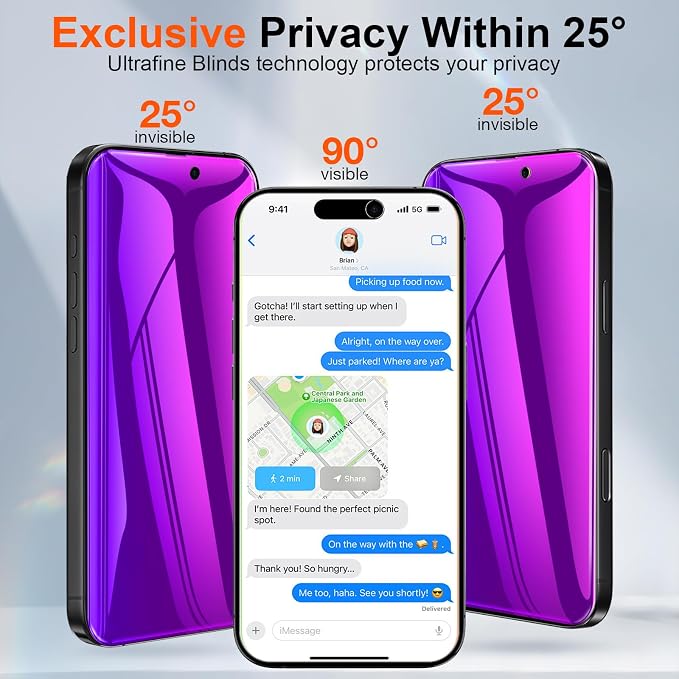 Fotbor for iPhone 16 Pro Max Privacy Screen Protector 2 Pack Purple Magenta Gradient Anti-Spy Anti-Blue Light 7H Hardness Private Film [Auto-Alignment Tray] No Peeling Shatterproof Case Friendly