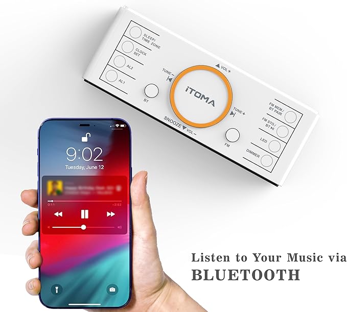 iTOMA Alarm Clock Radio, 1.4" White LED Display Clock with Bluetooth, FM Radio, Dual Alarm, Sleep Timer, Snooze, Auto & Manual Dimmer, USB Charger and Night Light CKS718