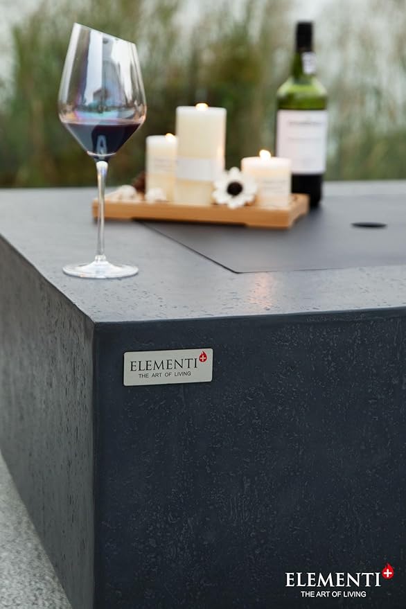 Elementi+ | Bergen Gas Fire Pit Cast Concrete 40" Square Fire Table, Outdoor Fire Pit Electronic Ignition | Canvas Cover, Fire Glass and Burner Lid Included | Dark Gray | Propane Gas