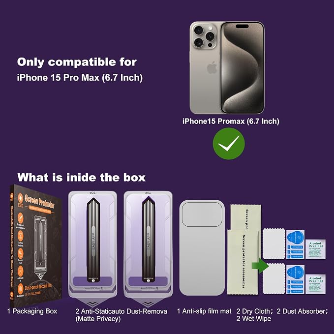 [2-Pack Matte Tempered Glass Screen Protector for iPhone 15 Pro Max Anti-Fingerprint &amp Oil Resistant Smooth as Silk 9H Hardness Bubble-Free Case Friendly 6.7-Inch