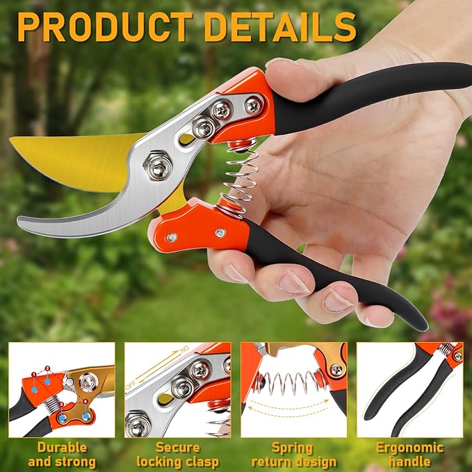 Heavy Duty Pruning Shears，Garden Scissors & Clippers with Red-BIDMLI 8.66" SK5 Steel Blades & Aluminum Alloy Handles, Tree Branch Cutter, Ideal for Thick Branches, Dry Twigs, Flower Pruning Tool.