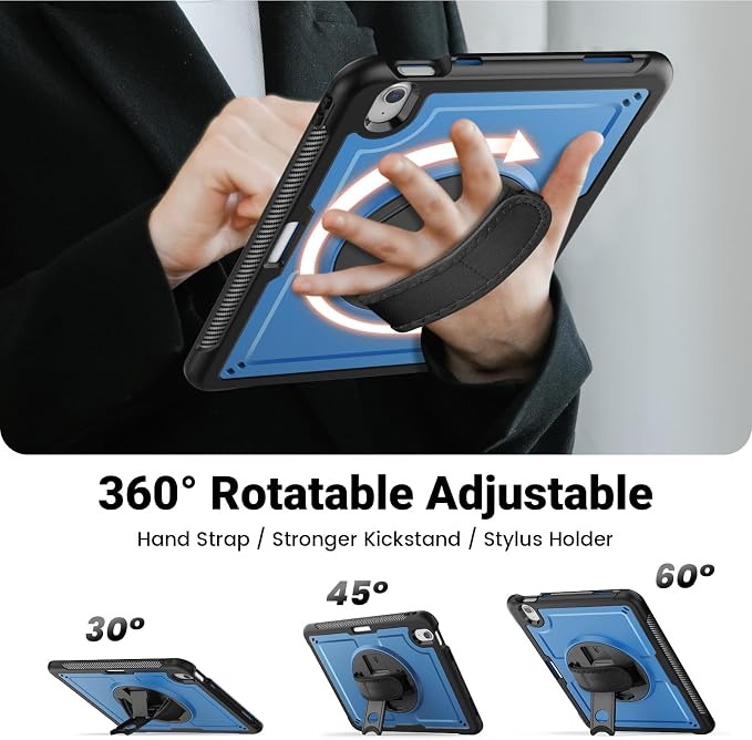 SCSVPN Kids Case for iPad Air 11 Inch M4 2026 / M3 2025 / M2 2024 Heavy Duty Shockproof Silicone Protective Case with Pencil Holder-Screen Protector-Rotating Stand-Handle-Shoulder Strap (Blue+Red)