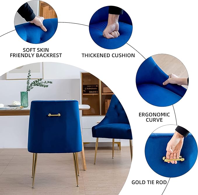 Modern Dining Chairs Set of 6, Mid Century Chairs with 5.12” Cushions and Golden Legs, Velvet Upholstered Dining Chairs with Back Pull Rod, for Kitchen, Living Room (Blue)