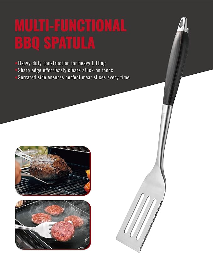 Grilaz Stainless Steel BBQ Tool Set | Dark-Dyed Wood Handles | Heavy Duty Grilling Accessories | 3-Piece Outdoor Barbecue Grill Utensil Set with Spatula, Fork, and Tongs - Ideal Gift for Men…