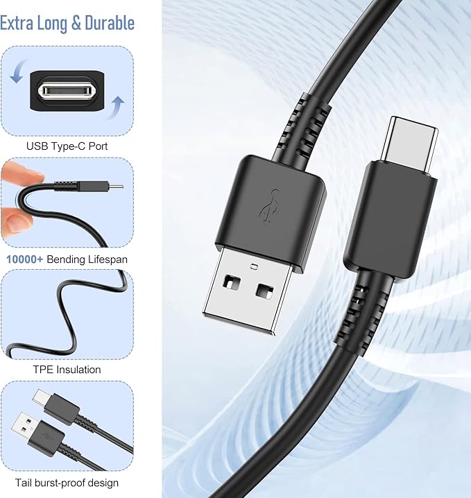 Samsung Galaxy S10/S9/S8 2 Pack Adaptive Charger with USB-C Cable 6FT Black | USB Type-C fast charging cables for Galaxy S10e/S20/S21/Note 8/9/10/20/A70/A50/A51/A52/A42/A32/A13/A12 Ultra Plus 6FT Bla