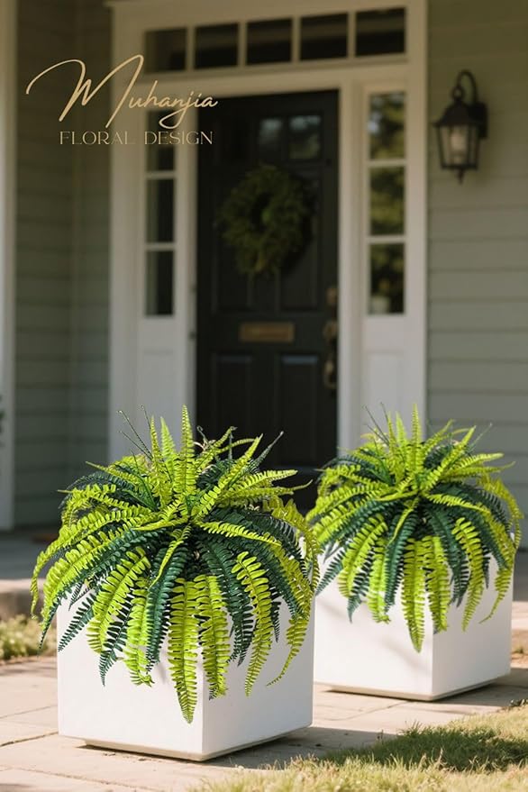 Polyester Artificial Boston Fern Bush,Set of 4,Fake Fern Hanging Plants UV Resistant That Look Real for Outdoors and Home Decor. (36" 4Pcs-Yellow Green)
