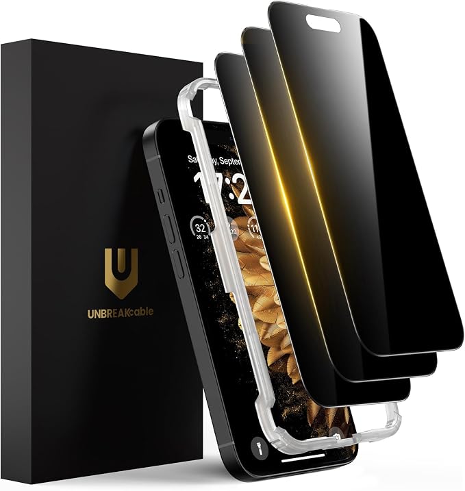 UNBREAKcable Privacy Screen Protector for iPhone 15 (6.1) 25° Anti-Spy Tempered Glass Easy Install Alignment Frame Case-Friendly 9H Hardness Anti-Fingerprint 3-Pack