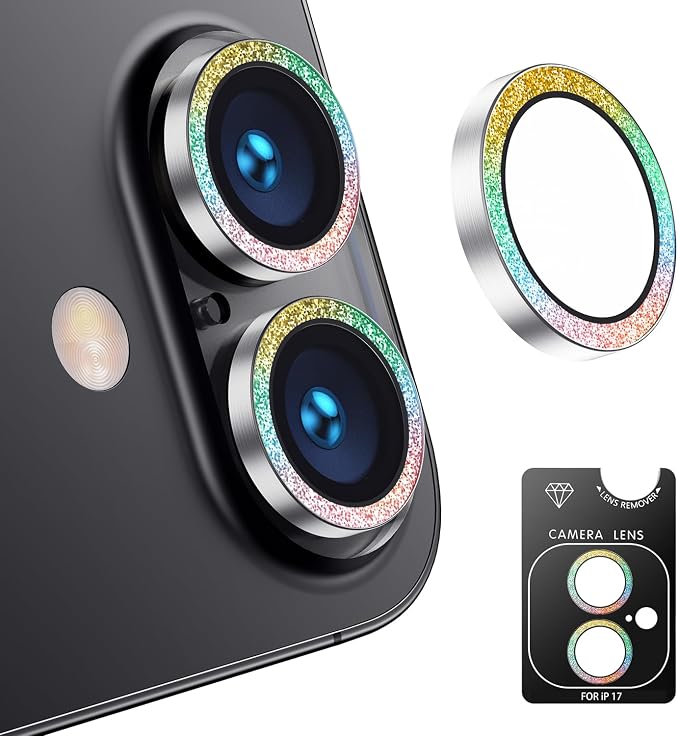 Korecase for iPhone 17/iPhone 16/iPhone 16 Plus Camera Lens Protector Bling 9H Tempered Glass Anti Scratch Camera Screen Protector Shockproof Film Metal Ring Lens Protector Glitter-Black