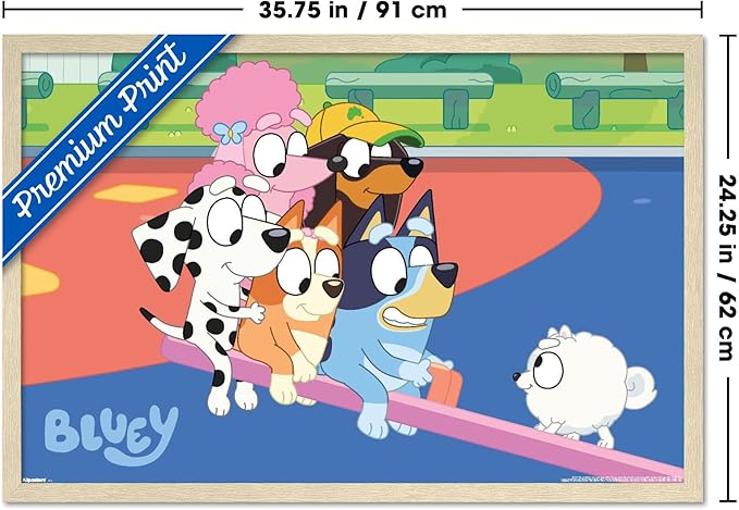 Bluey (2018) - Bluey and Friends See Saw Fun Wall Poster, 34L" x 22.4W", Blonde Framed Version