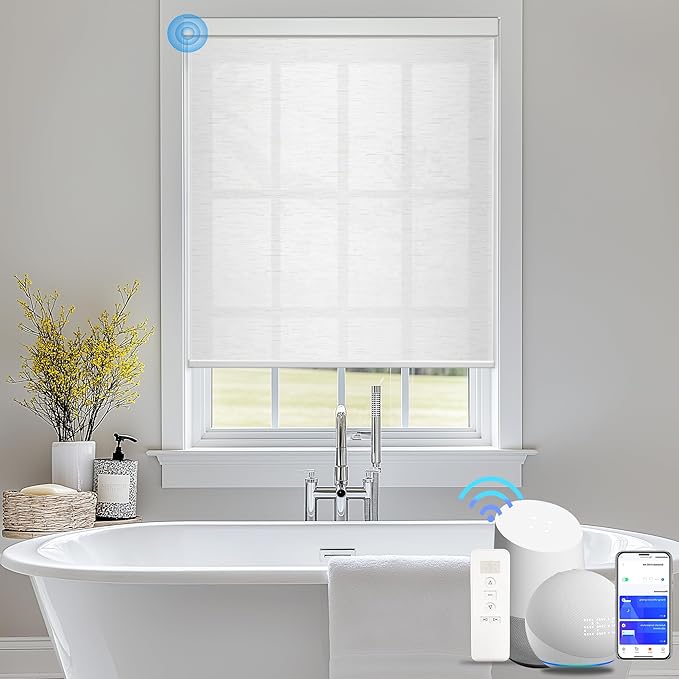 COOLWINDS Motorized Blinds with Remote Cordless Automatic Motorized Shades Custom Blinds for Windows Smart Curtains Compatible with Alexa Google Home(Light Filtering Cloud White,W37 x H72in)