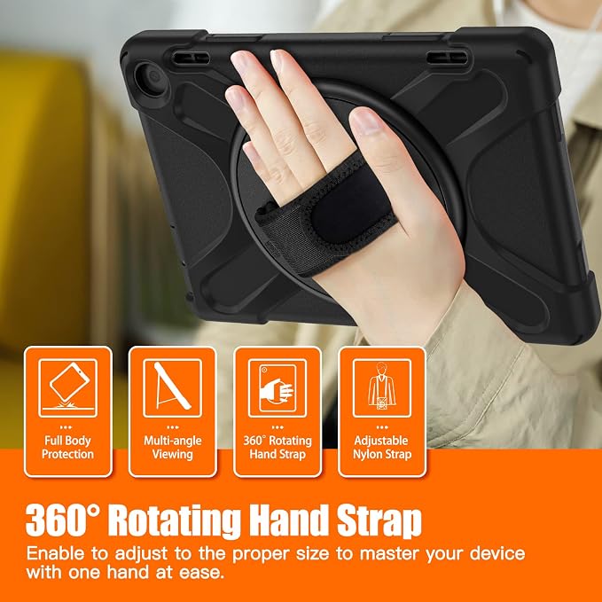 Case for Galaxy Tab S10 FE+ 13.1 2025 with Screen Protector+360 Rotating Hand Strap&ampStand+Shoulder Strap (Black)