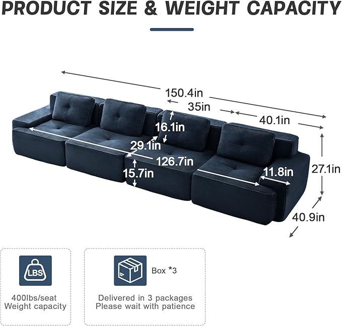 150" Modern Compressed Boneless Couch, 4 Seater Sectional Couches for Living Room, Blue Corduroy Cloud Modular Sectional Sofa, Comfy Memory Foam, Extra Deep, Sofas para Sala, No Assembly