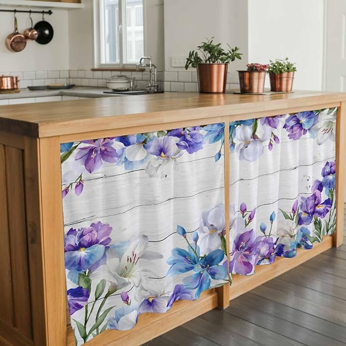 Spring Flowers Tier Curtains, Watercolor Garden Florals Wooden Grain Light