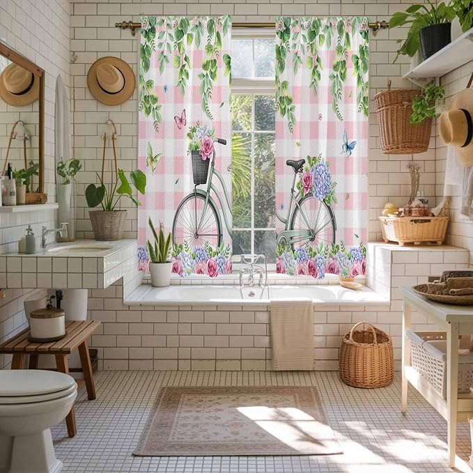 Spring Kitchen Curtains, Bicycles Leaves Butterfly Flowers Pink Buffalo Plaid