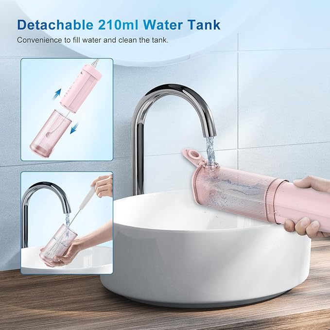JNGOODS Mini Portable Water Flosser Oral Irrigator Water Teeth Cleaner Pick, Telescopic Water Tank, 4 Modes & IPX7 Waterproof, Home & Travel Water Flossers for Teeth, Braces Bridges Care. (Pink)
