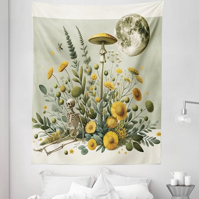 Ambesonne Trippy Tapestry Twin Size, Bohemian Botany Feel Leafy Jungle Flowers with Skeleton and Moon Ornate, Wall Hanging Bedspread Bed Cover Wall Decor, 68" X 88", Pale Green Earth Yellow