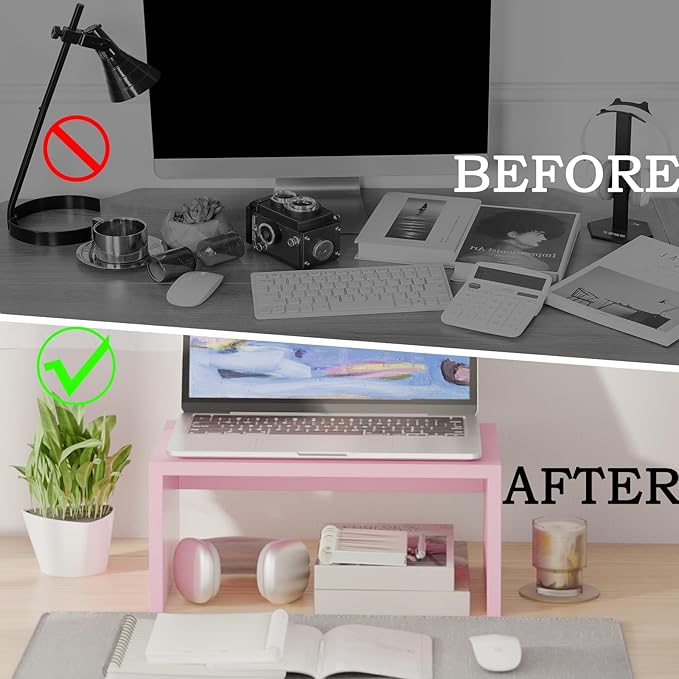 TEAMIX Pink Monitor Stand Riser-6.7 inch, Wood Higher Monitor Riser with Storage for Desk, Laptop Riser Computer PC Stand for Desktop Workspace Home Office(Pink-Higher)