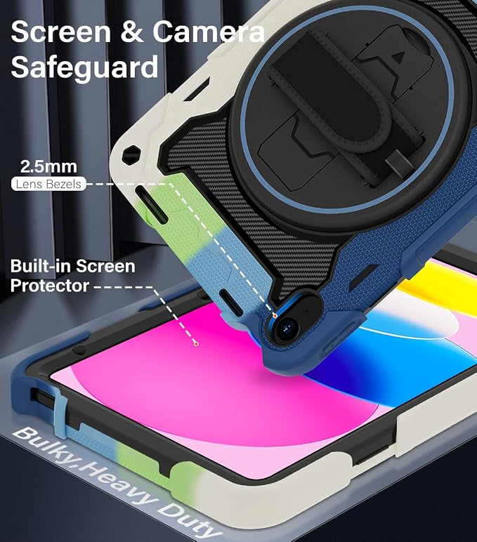 for iPad 9th 8th 7th Gen Case 10.2 inch with Screen Protector | 360° Rotating Kickstand Hand Strap Shoulder Strap Heavy Duty Military Grade - Kids Friendly